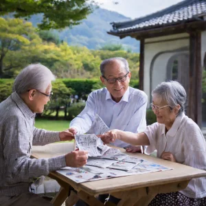 新聞紙パズルで遊ぶ高齢者