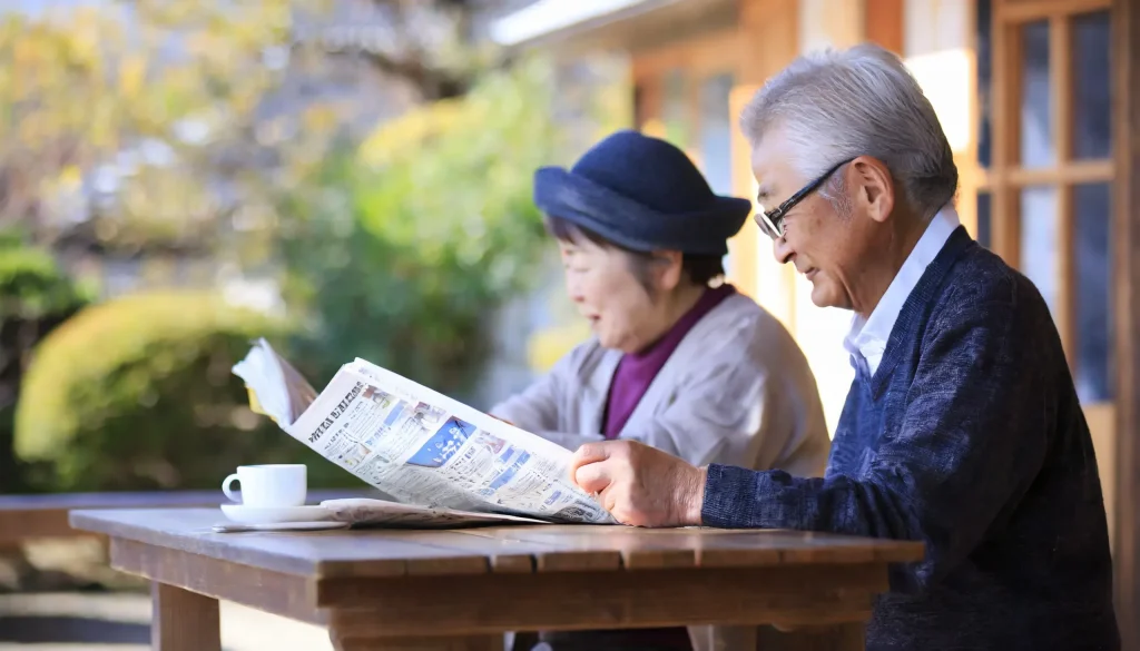 新聞紙を読む高齢者